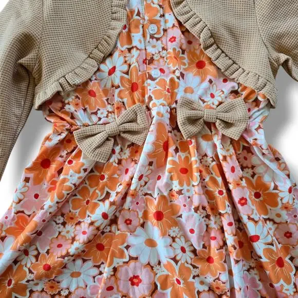 Vintage Style Floral Girls Dress with Bolero Cardigan Size 120 (6-7) Orange - Picture 3 of 6